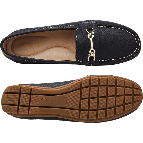 Kordal Women's Black Leather Gold Accent Buckle Slip-Ons Walking Flats Loafers - Picture 8 of 9